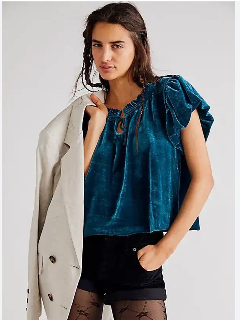 Free People Terese Velvet Velour Puff Sleeves Top in Turquoise Size X-Small NWOT